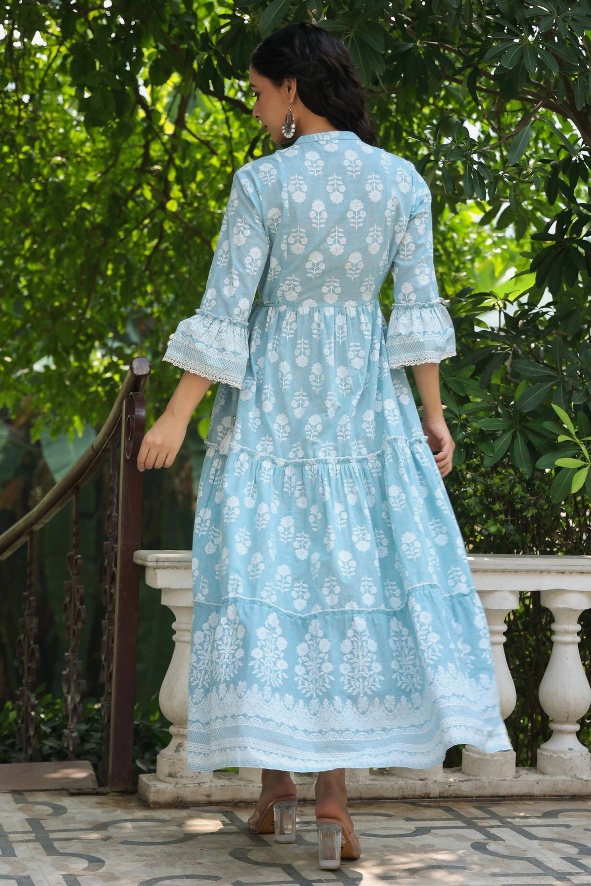 Juniper Women's Skyblue Cambric Floral Printed Maxi Tiered Dress | Grocsy