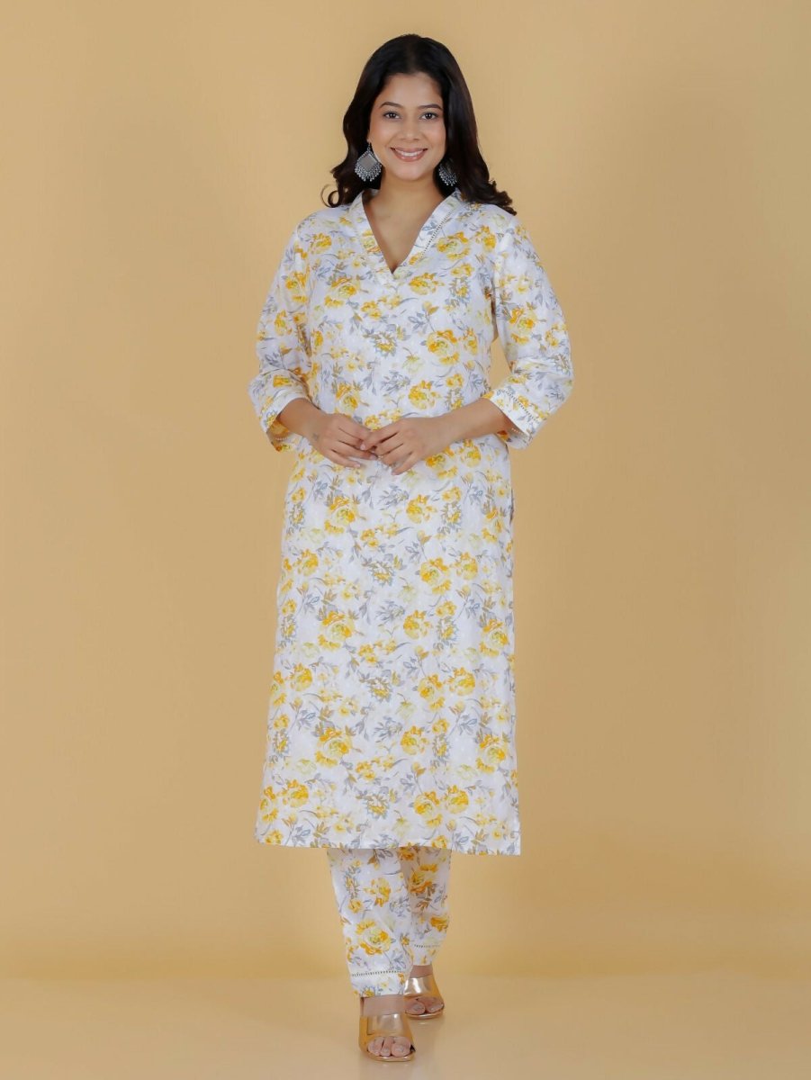 Aramya Yellow Soft Cotton Floral Print Straight Kurta Pant Set for Women | Grocsy