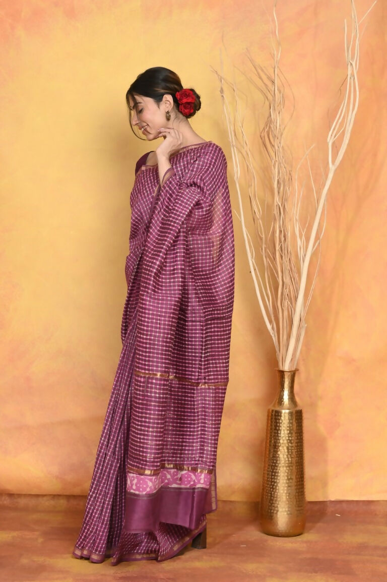 Very Much Indian Chanderi Natural Dye Handblock Printed Saree - Mauve | Grocsy