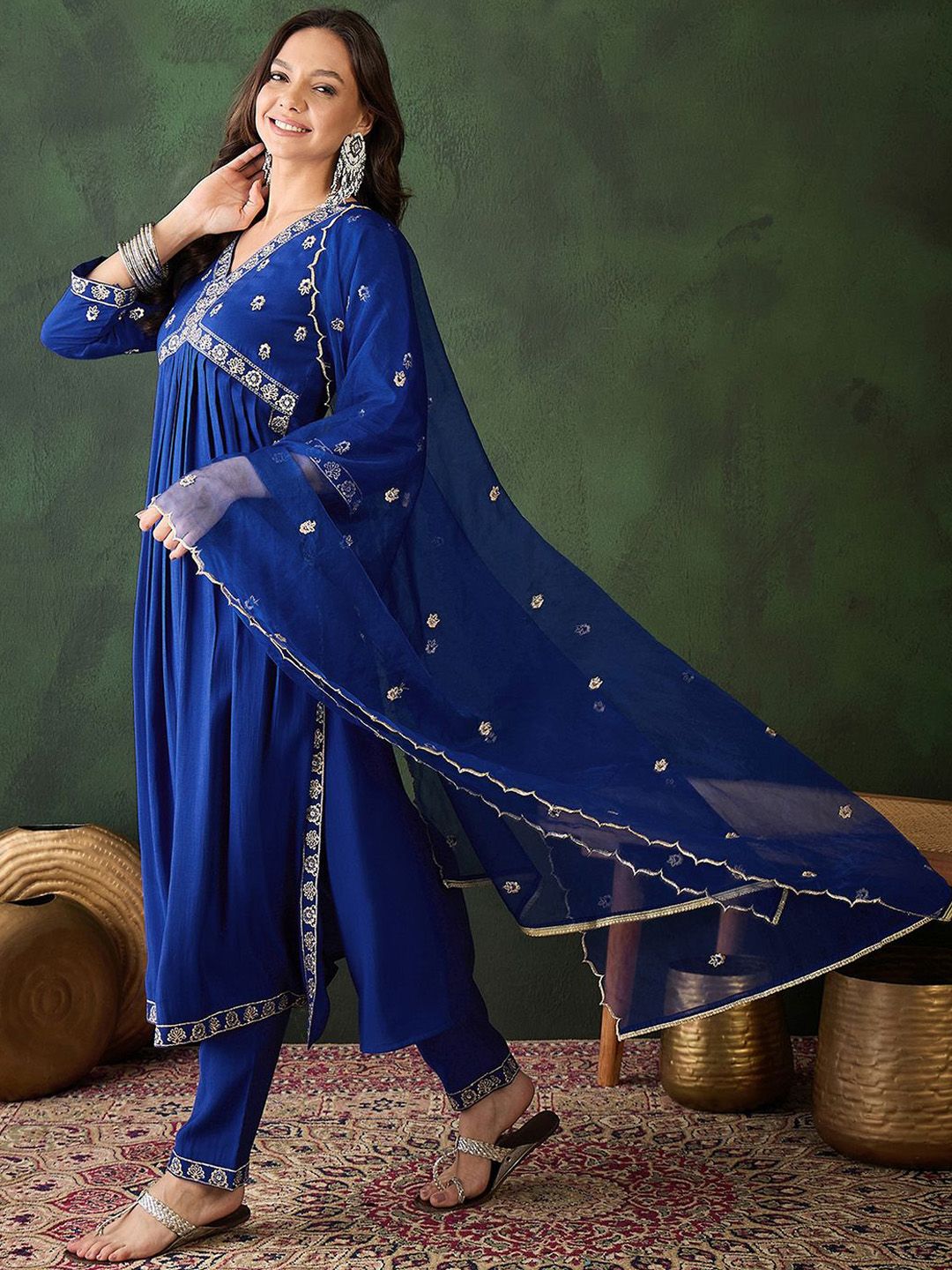 Sangria Embroidered Zari Sequence Kurta & Trouser With Dupatta | Grocsy