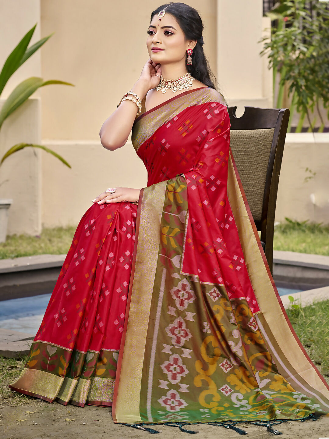 Shree Shyam Fashion Pochampalli Silk Red Saree | Grocsy