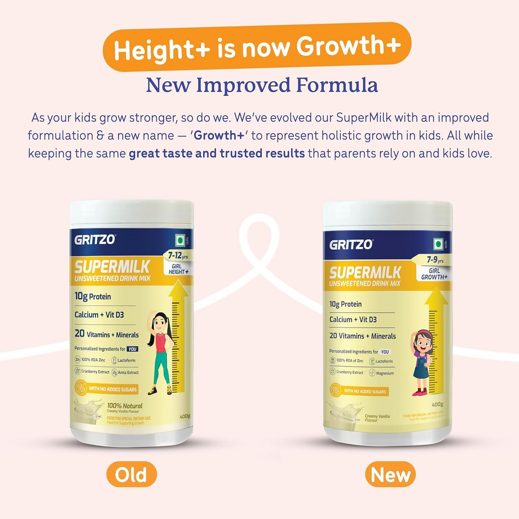 Gritzo SuperMilk Growth+ (Formerly Height+) Unsweetened Drink Mix (7-9y Girls), 10g Protein Powder- Creamy Vanilla | Grocsy