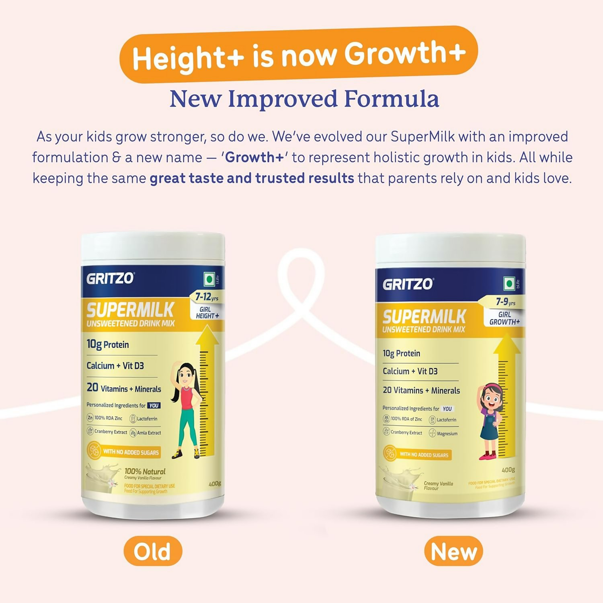 Gritzo SuperMilk Growth+ (Formerly Height+) Unsweetened Drink Mix (7-9y Girls), 10g Protein Powder- Creamy Vanilla | Grocsy