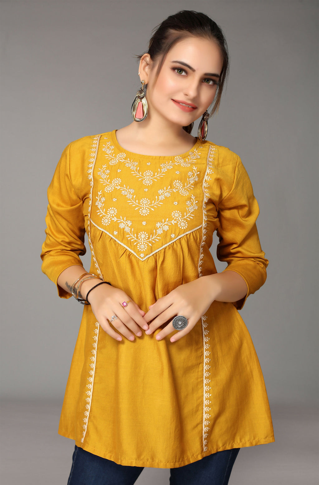 Women's Mustard Viscose blend Embroidered Short Top - Marina | Grocsy