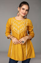 Women's Mustard Viscose blend Embroidered Short Top - Marina | Grocsy