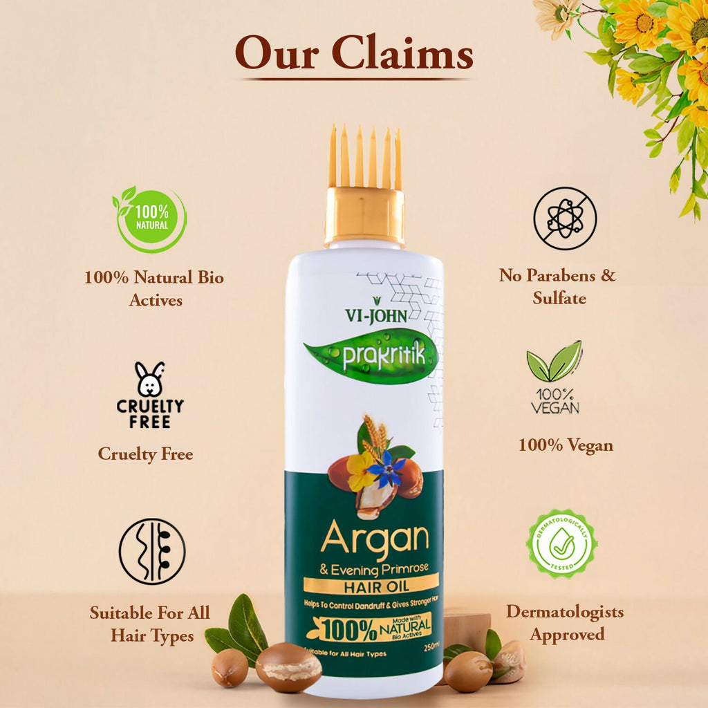 VI-JOHN Prakritik Argan & Evening Primrose Hair oil, Helps to Control Dandruff,100% Bio Actives Hair Oil | Grocsy
