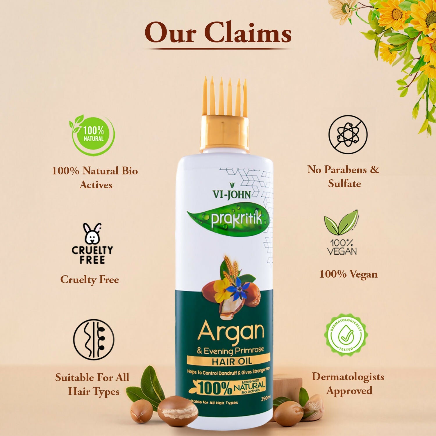 VI-JOHN Prakritik Argan & Evening Primrose Hair oil, Helps to Control Dandruff,100% Bio Actives Hair Oil | Grocsy