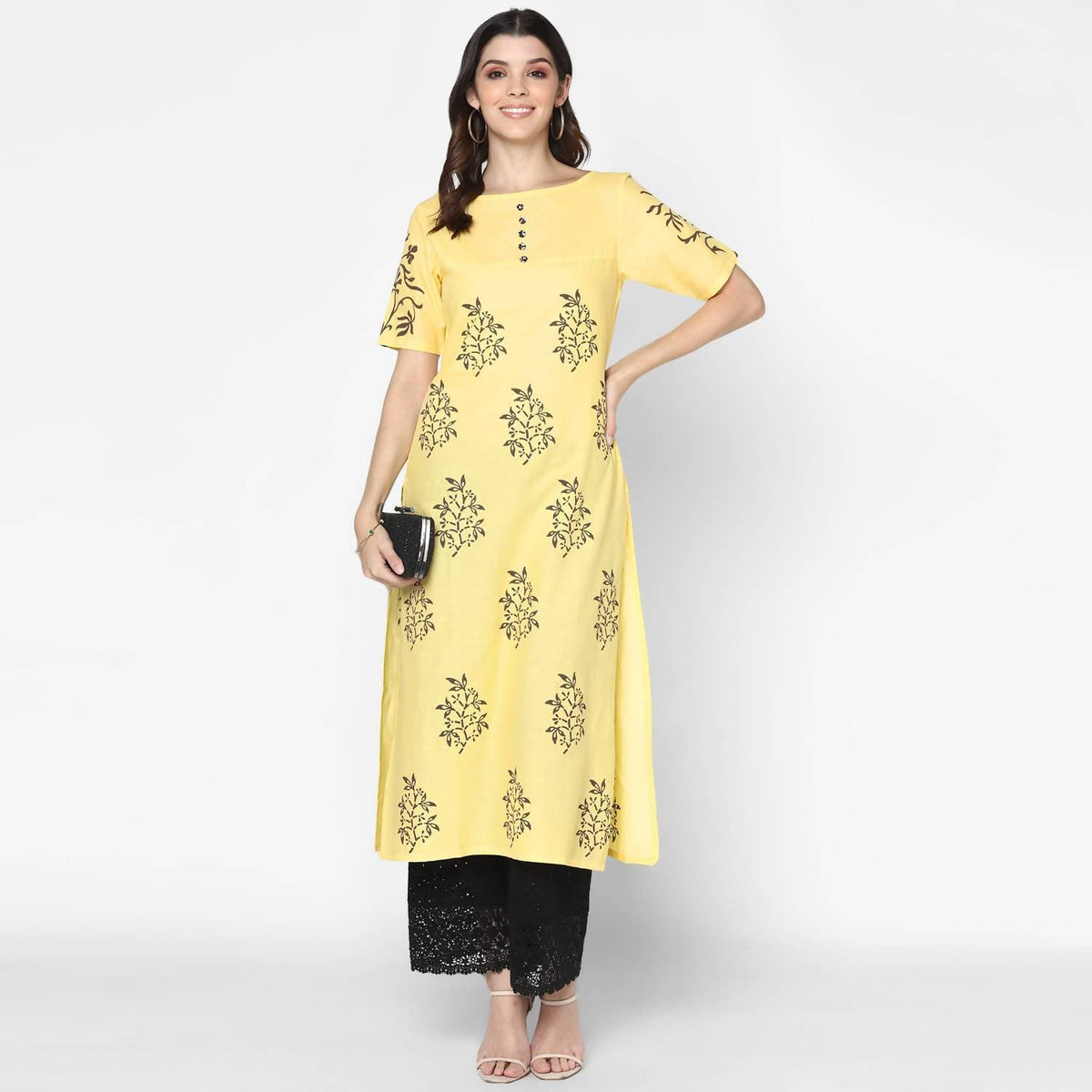 Cheera Hand Block Print Pale Yellow Straight Kurta (MAAI-056K) | Grocsy