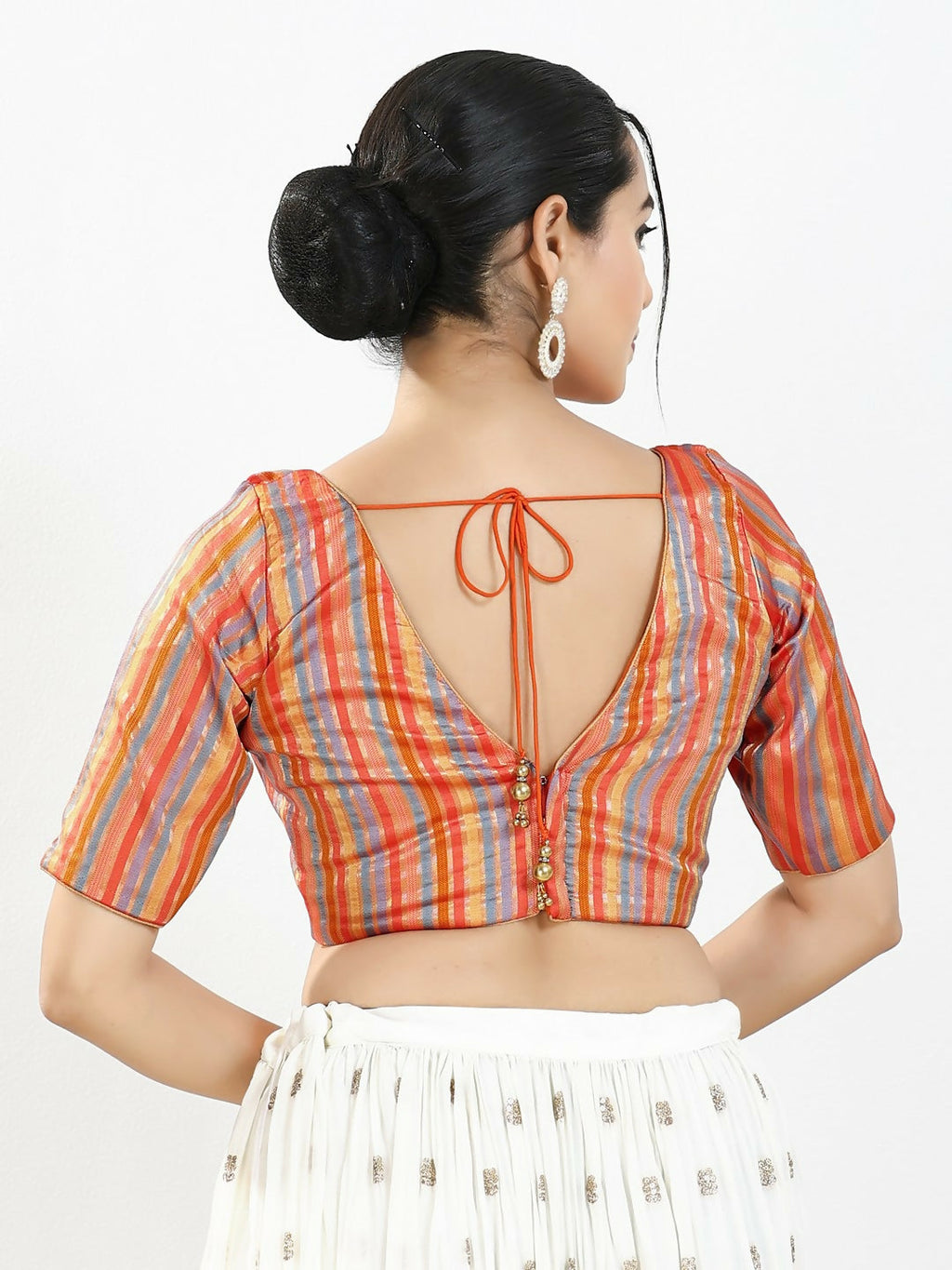Joban Fashion Orange Multi Brocade Padded Blouse With V Neck Elbow Sleeves | Grocsy