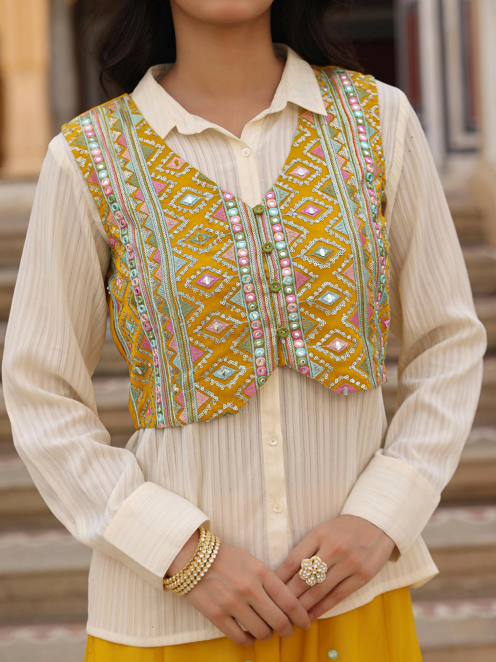 Juniper Women's Mustard Thread Embroidered Georgette Shirt Jacket & Palazzo Set With Mirror Work & Sequins | Grocsy