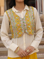 Juniper Women's Mustard Thread Embroidered Georgette Shirt Jacket & Palazzo Set With Mirror Work & Sequins | Grocsy