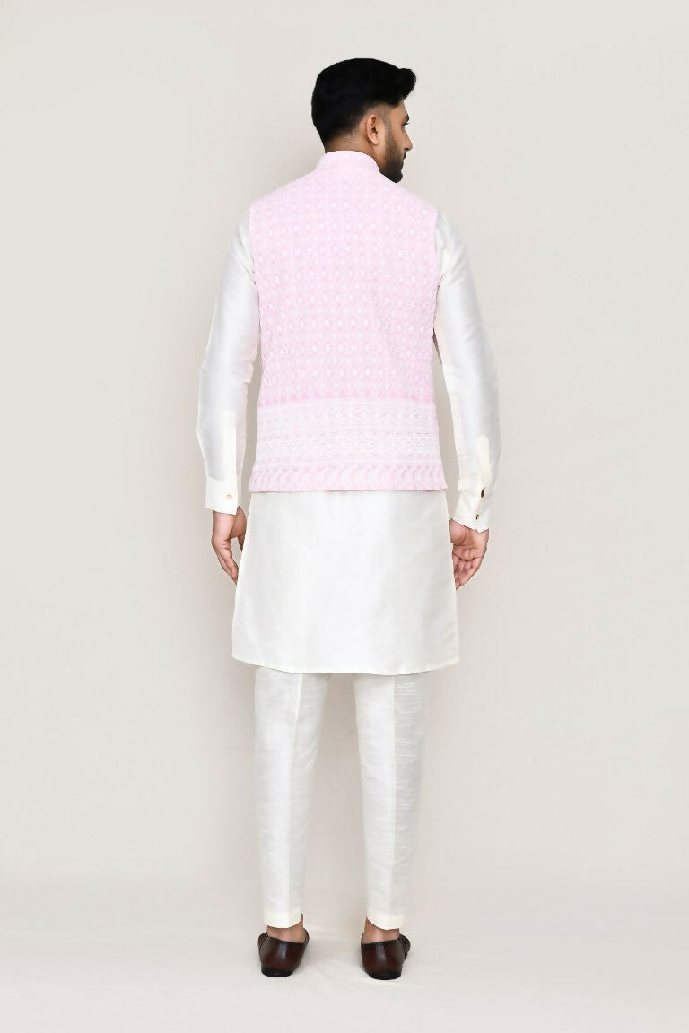Joban Fashion White Colored Art Silk Fabric Kurta, Jacket With Straight Fit Pant | Grocsy