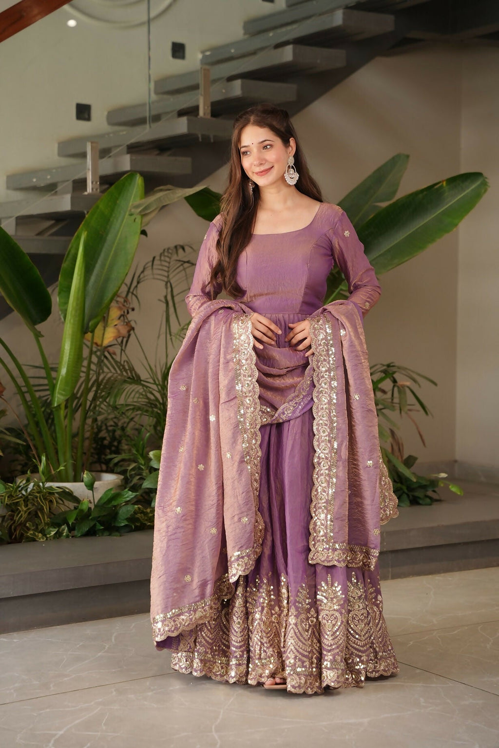 Teeya Creation Onion Color Fendy Silk Wedding Wear Embroidery Work Long Gown | Grocsy