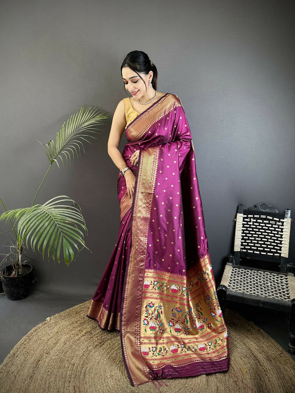 Joban Fashion Wine Butti Woven Soft Lichi Silk Paithani Saree | Grocsy
