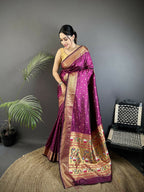 Joban Fashion Wine Butti Woven Soft Lichi Silk Paithani Saree | Grocsy