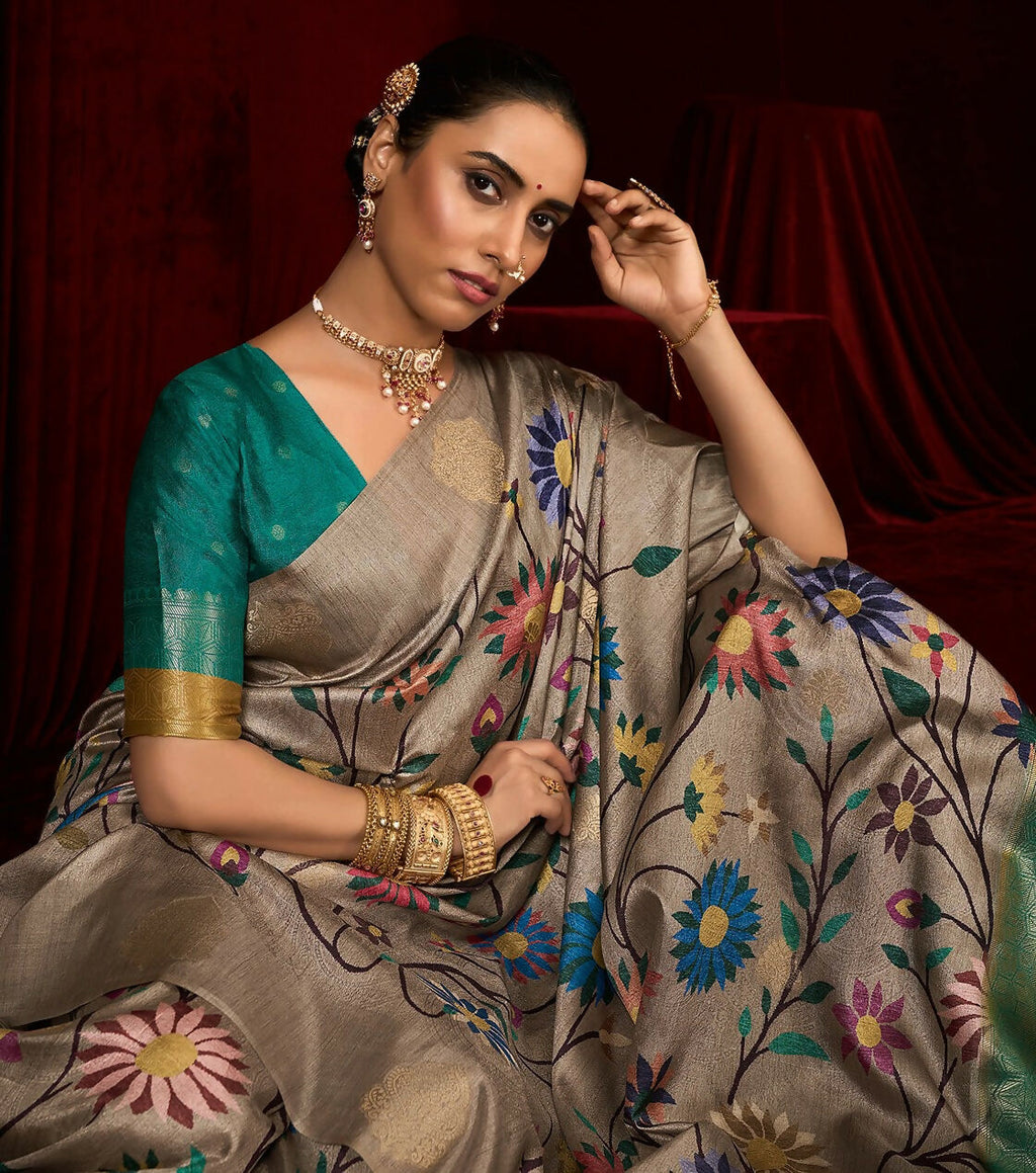 Joban Fashion Greensoft Silk Weaving Fabric With Digital Jamdani Print With Jacquard Rich Pallu & Blouse With Spring Tassels | Grocsy