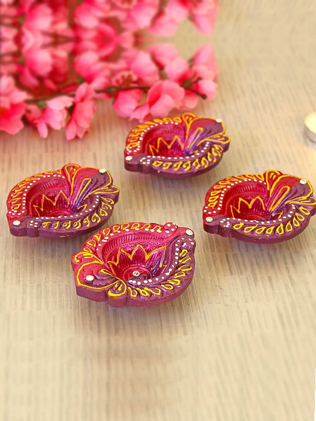 Tied Ribbons Set of 4 Red & Violet Textured Terracotta Diyas | Grocsy