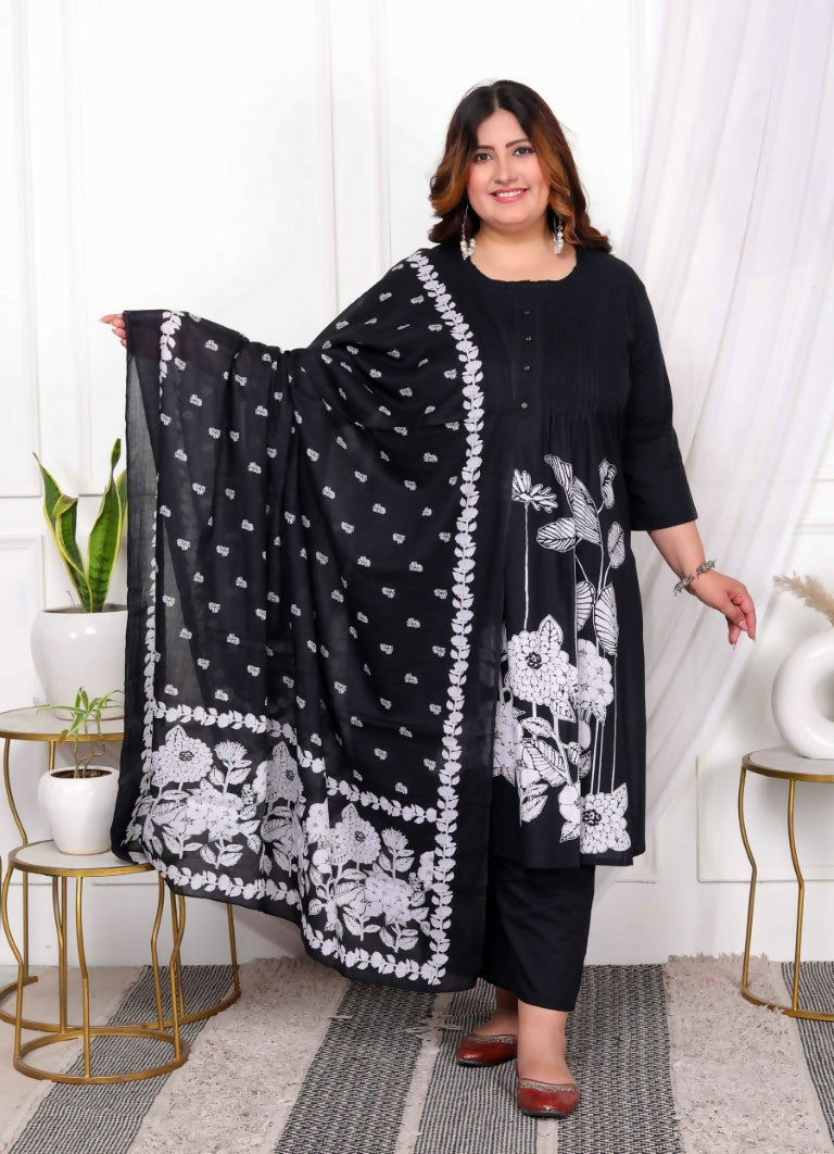 Miravan Women's Plus Size Black Pintucks Detailing Straight Kurta and Palazzo with Dupatta Set | Grocsy