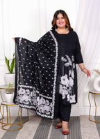Miravan Women's Plus Size Black Pintucks Detailing Straight Kurta and Palazzo with Dupatta Set | Grocsy