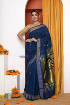 Very Much Indian Handloom Pure Cotton Paithani Saree- Royal Blue | Grocsy