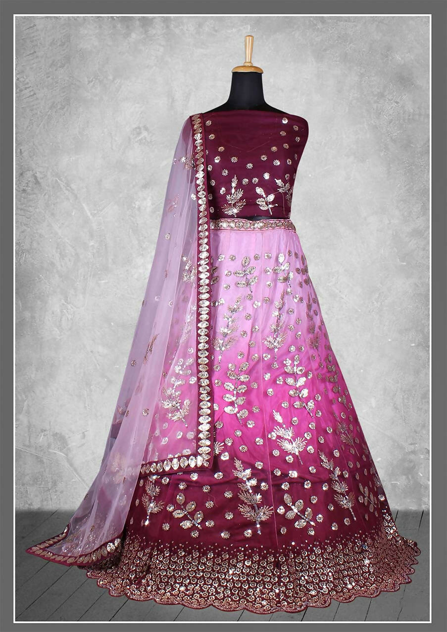 Purple Net Floral Sequins And Cord Embroidery, Cut Work Semi-Stitched Lehenga Choli - Nimaya Kangan | Grocsy