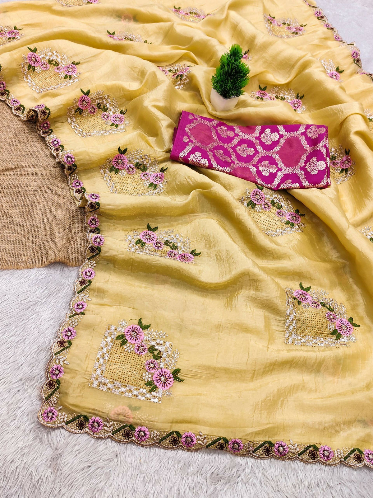 Teeya Creation Yellow Color Pure Paper Silk Heavy Embroidery Work Wedding Wear Saree | Grocsy