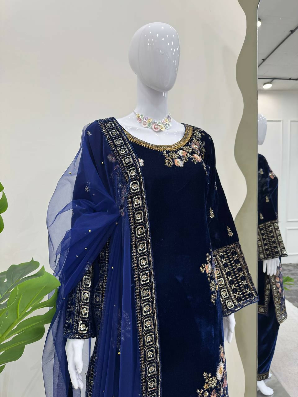 Vastranavya Navy Blue Viscose Velvet Sequence Embroidery Work Kurta & Bottom With Dupatta | Grocsy
