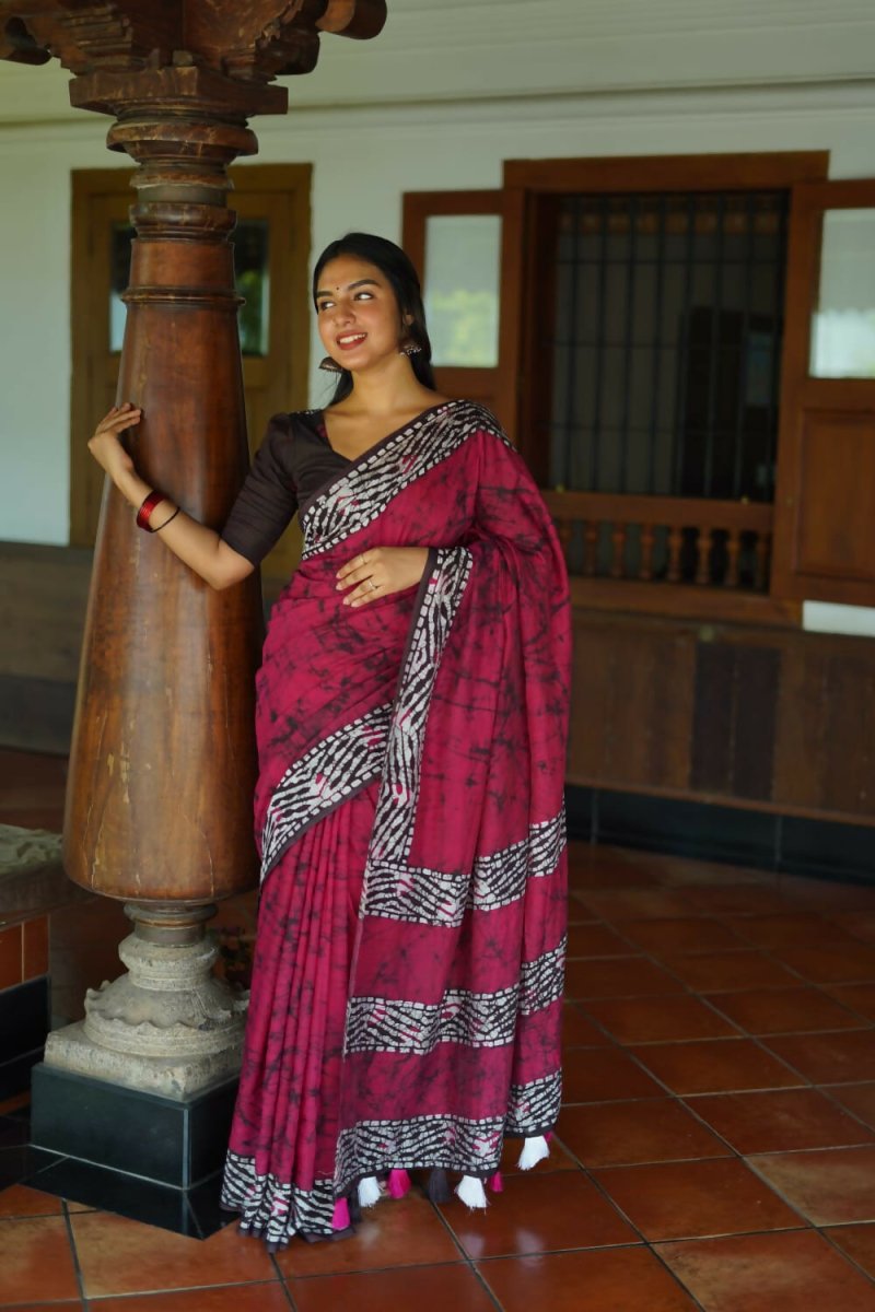 Arfa Fashion House Rani Pink Pure Chanderi Cotton Batik Printed Saree | Grocsy