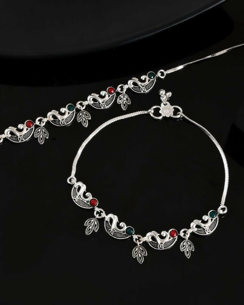 VOJ Set of 2 Silver Plated Meenakari Multi Color Anklet | Grocsy