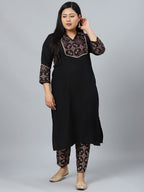 Sztori Plus Size Geometric Printed Shirt Collar Straight Kurta With Trousers | Grocsy