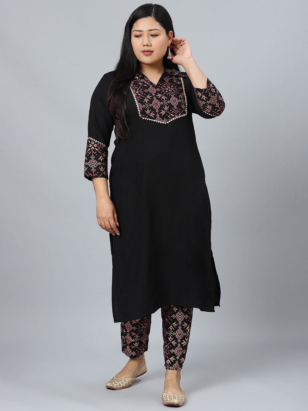Sztori Plus Size Geometric Printed Shirt Collar Straight Kurta With Trousers | Grocsy