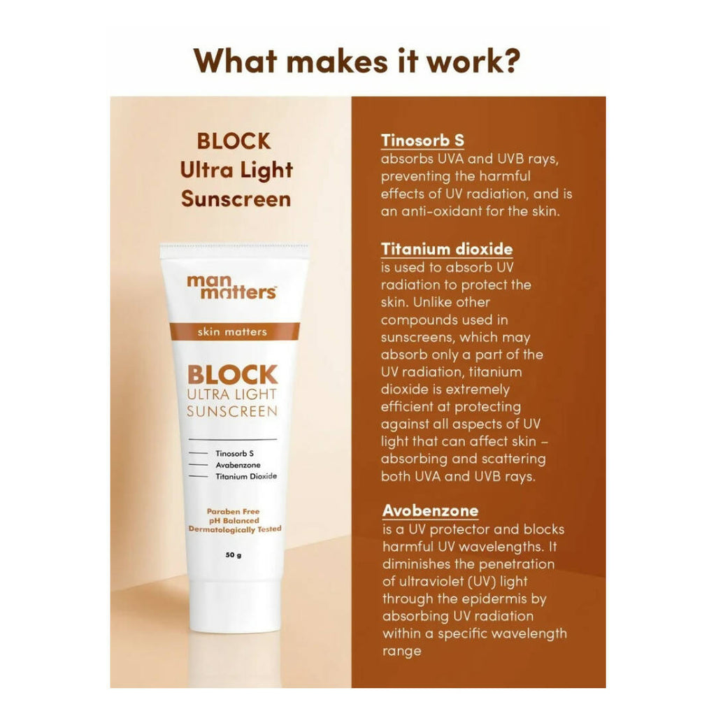 Man Matters BLOCK Ultra Light Sunscreen SPF 30PA+++, UVA, UVB | Grocsy