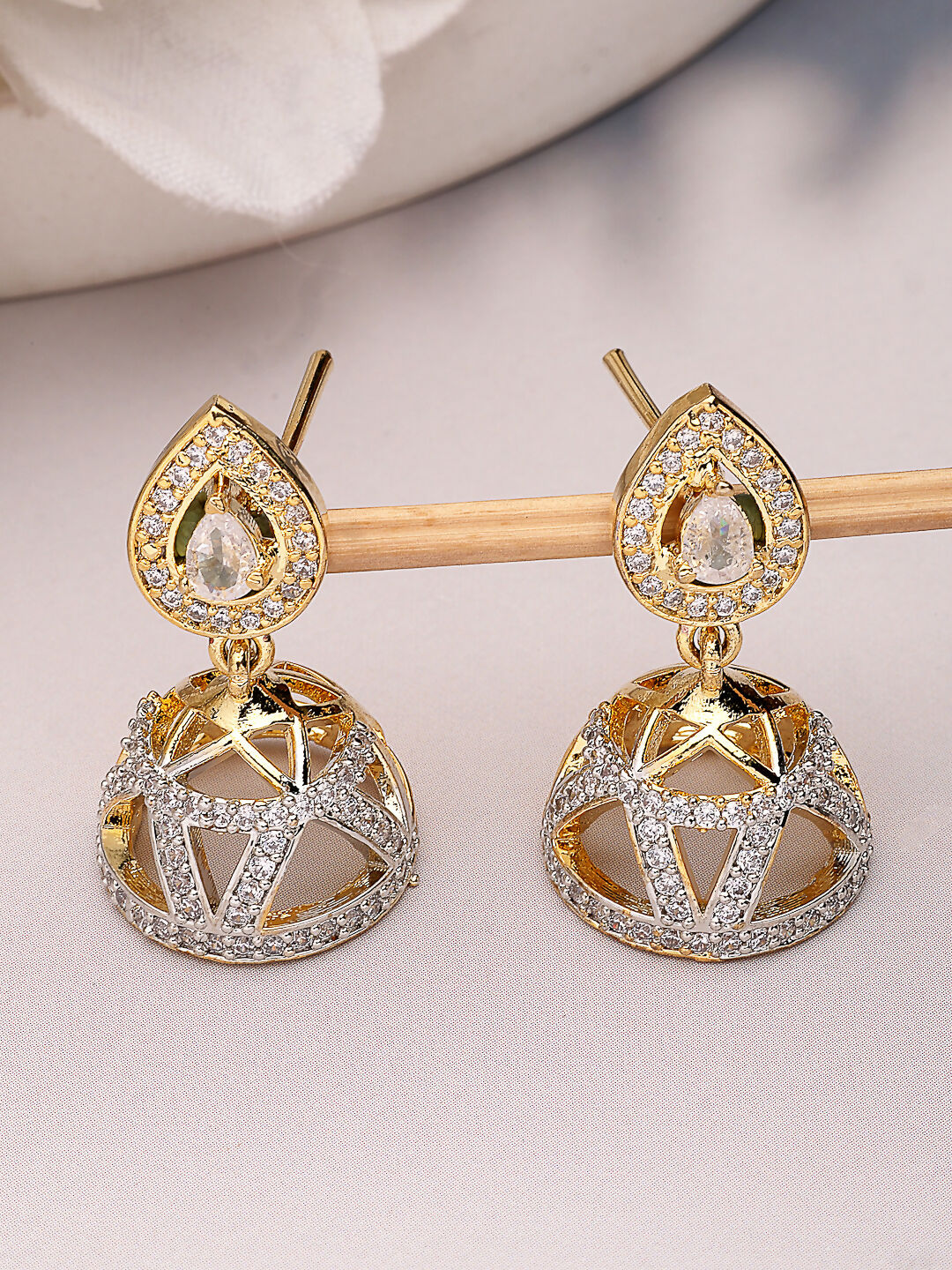 NVR Wome's Gold-Polished AD- Studded Jhumki Earrings | Grocsy