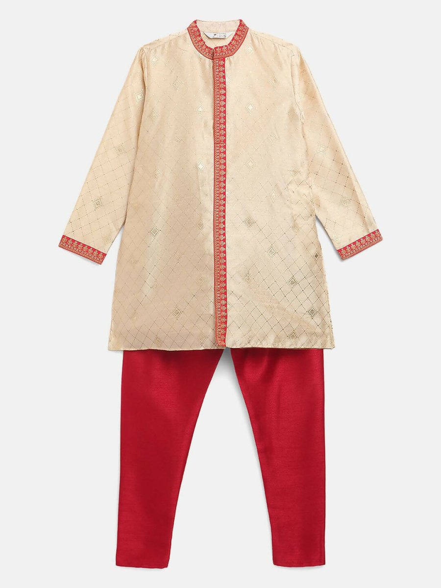 Ahalyaa Beige Poly Silk Gold Print Kids Kurta Churidar Set For Boys | Grocsy