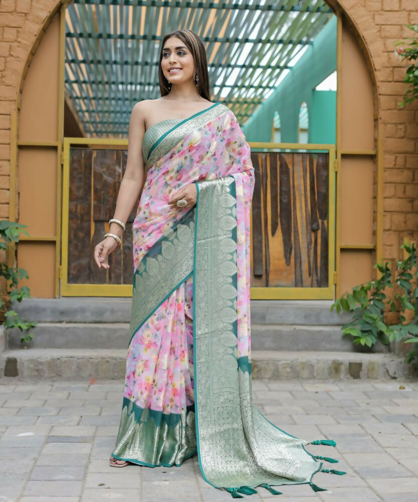 Vamsee Dhruvini Pink Georgette Saree | Grocsy