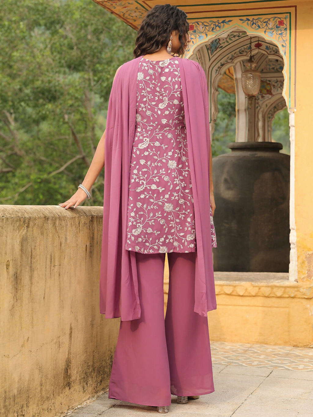 Janasya Lavender Georgette Embroidered Kurta,Bottom & Dupatta | Grocsy