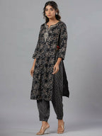 Juniper Women Black Rayon Slub Printed with Embroidered Kurta and Pants Set | Grocsy