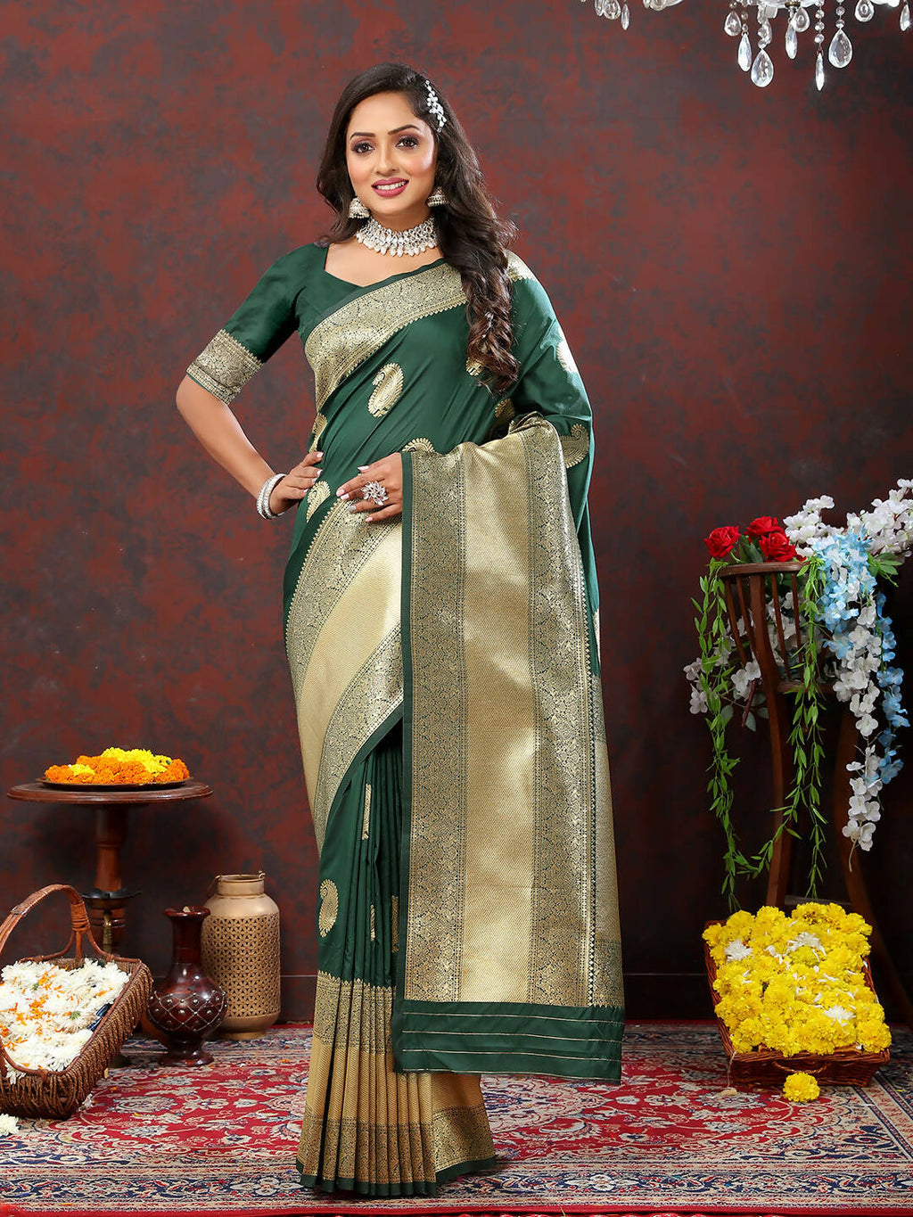 Lorenvalley Fashion Green Soft Silk Woven Design Gold Zari Weaving Saree | Grocsy
