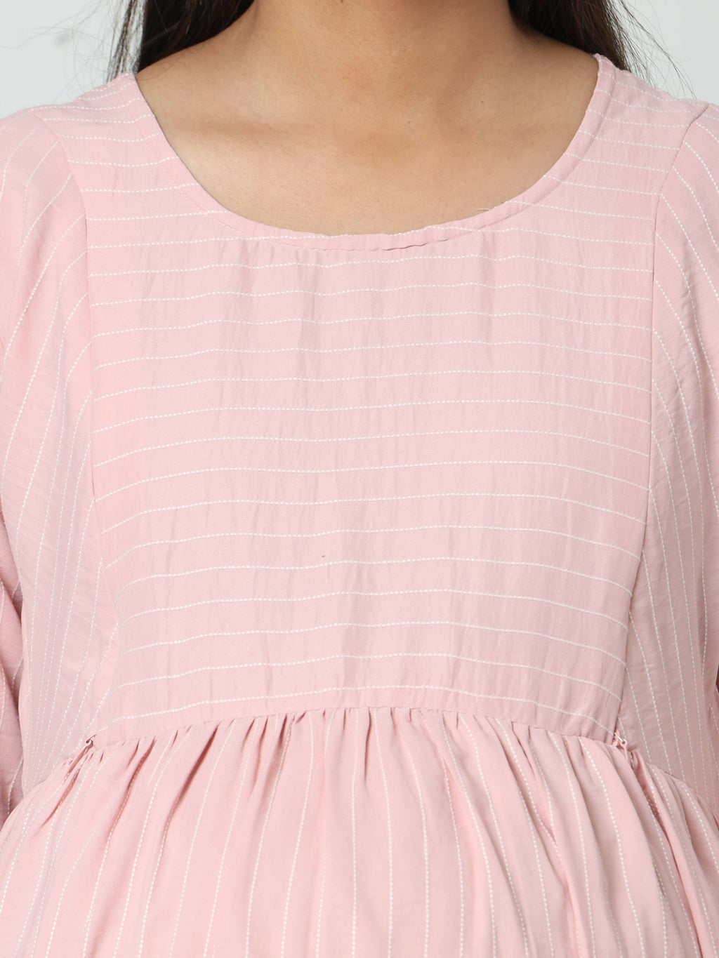 Manet Three Fourth Maternity Dress Striped With Concealed Zipper Nursing Access - Baby Pink | Grocsy