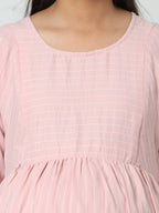 Manet Three Fourth Maternity Dress Striped With Concealed Zipper Nursing Access - Baby Pink | Grocsy