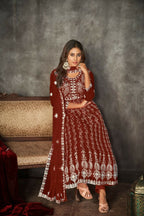 Jyoti Fashion Women's Maroon Net Embroidered Anarkali Kurta Pant Set With Dupatta | Grocsy