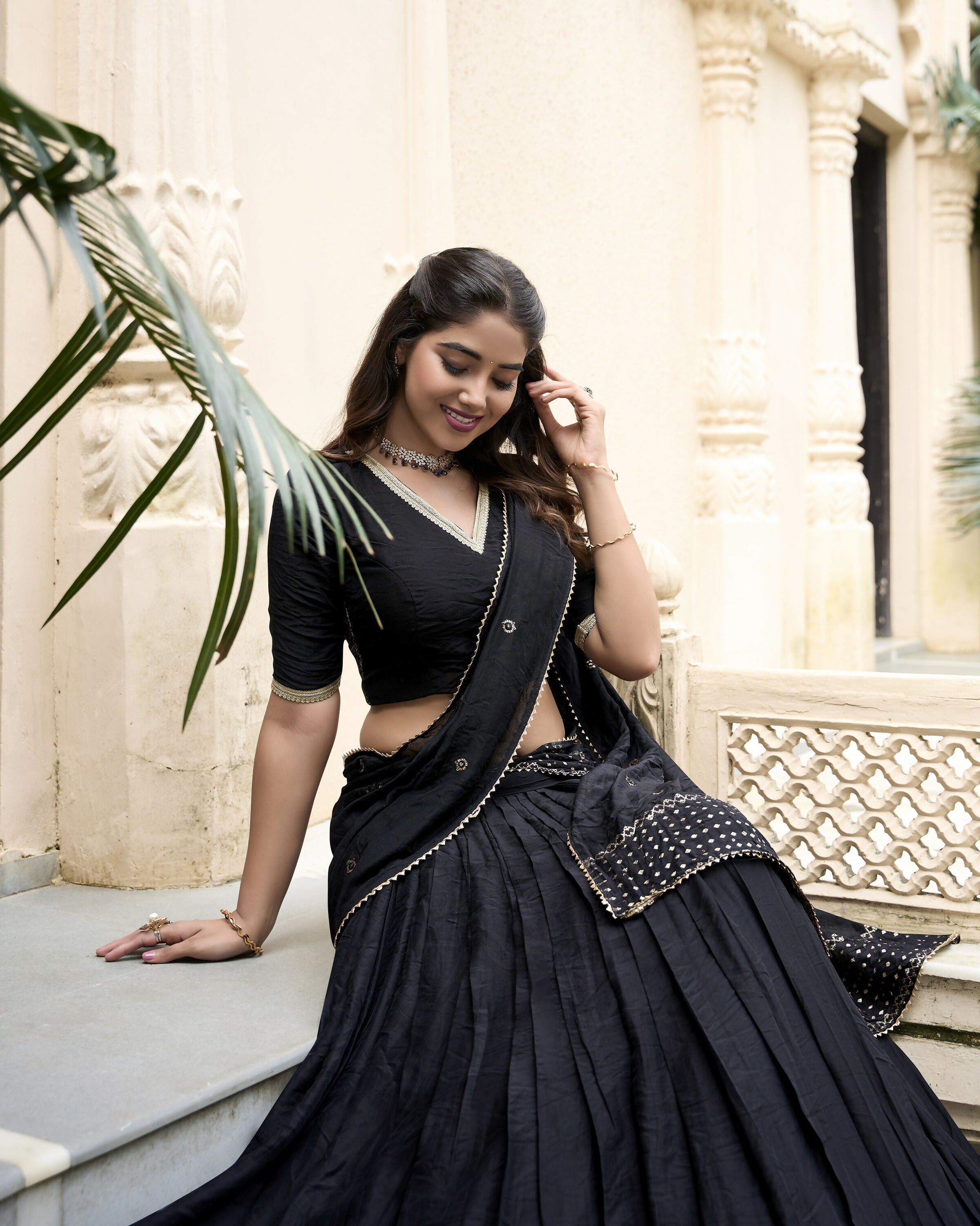 Lorenvalley Black Pure Chanderi Plain With Zari Weaving Work Border Lehenga Choli | Grocsy