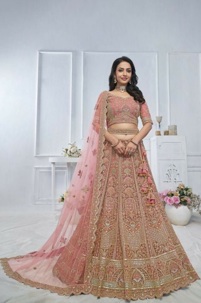 Kesar Fab Onion Net Embroidered Lehenga | Grocsy