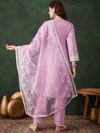 Sangria Lavender Floral Embroidered Thread Work Cotton Kurta & Trouser With Dupatta | Grocsy
