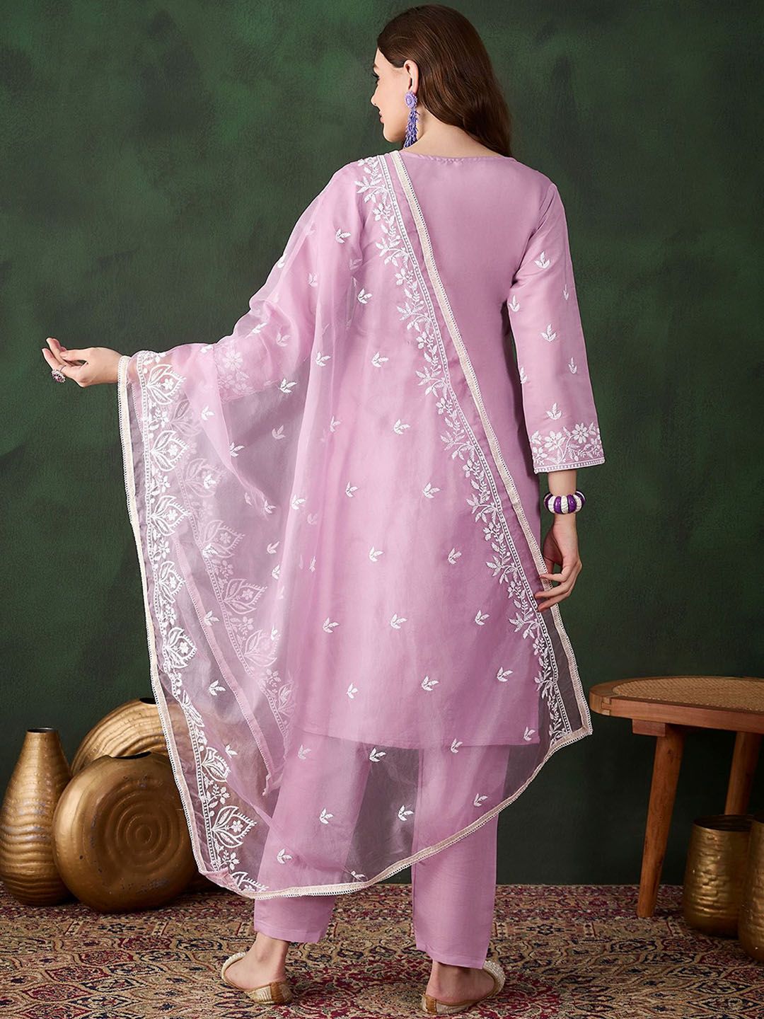 Sangria Lavender Floral Embroidered Thread Work Cotton Kurta & Trouser With Dupatta | Grocsy