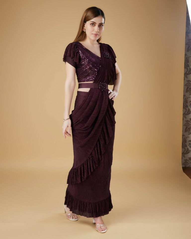 Wine Imported Crush Solid Ready to Wear Saree with stitched Blouse - Aayan | Grocsy