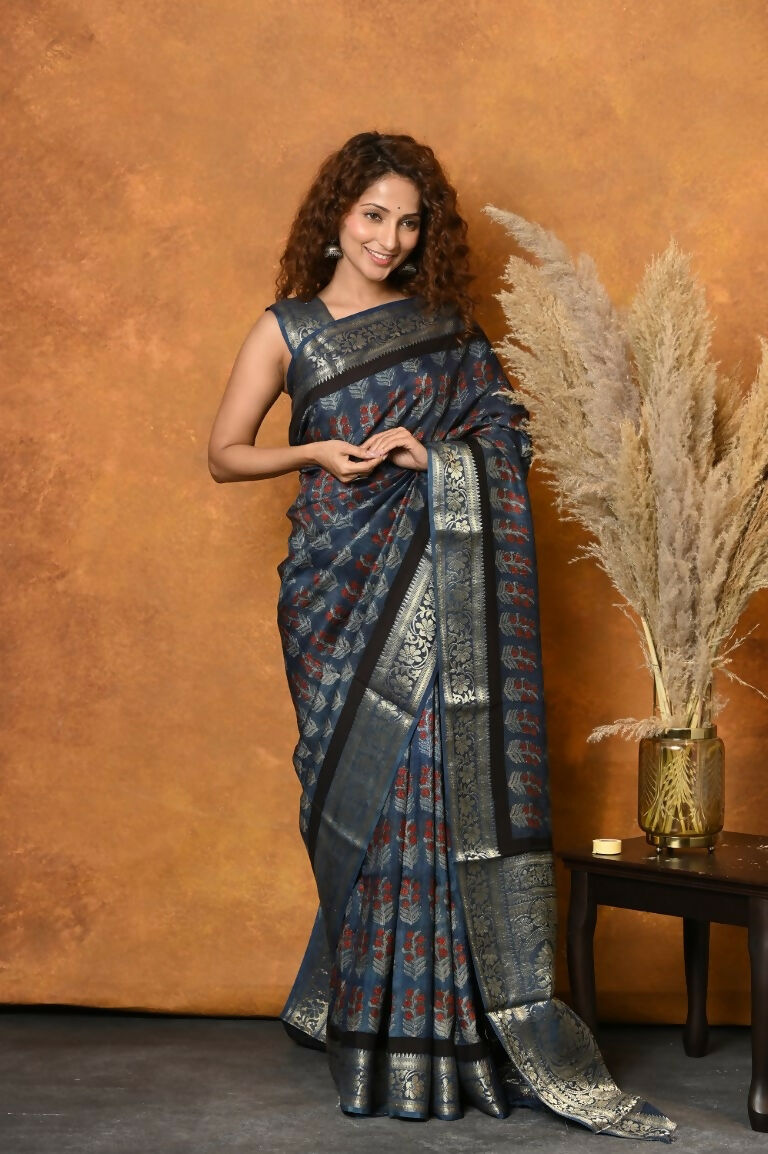 Very Much Indian Modal Silk Ajrakh Handblock Printed Natural Dyes With Designer Border Saree - Black | Grocsy