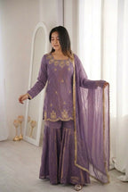 Teeya Creation Womens New Fancy Embroidery Sequence Work With Zarkan Diamond Work Lavender Kurta Set | Grocsy