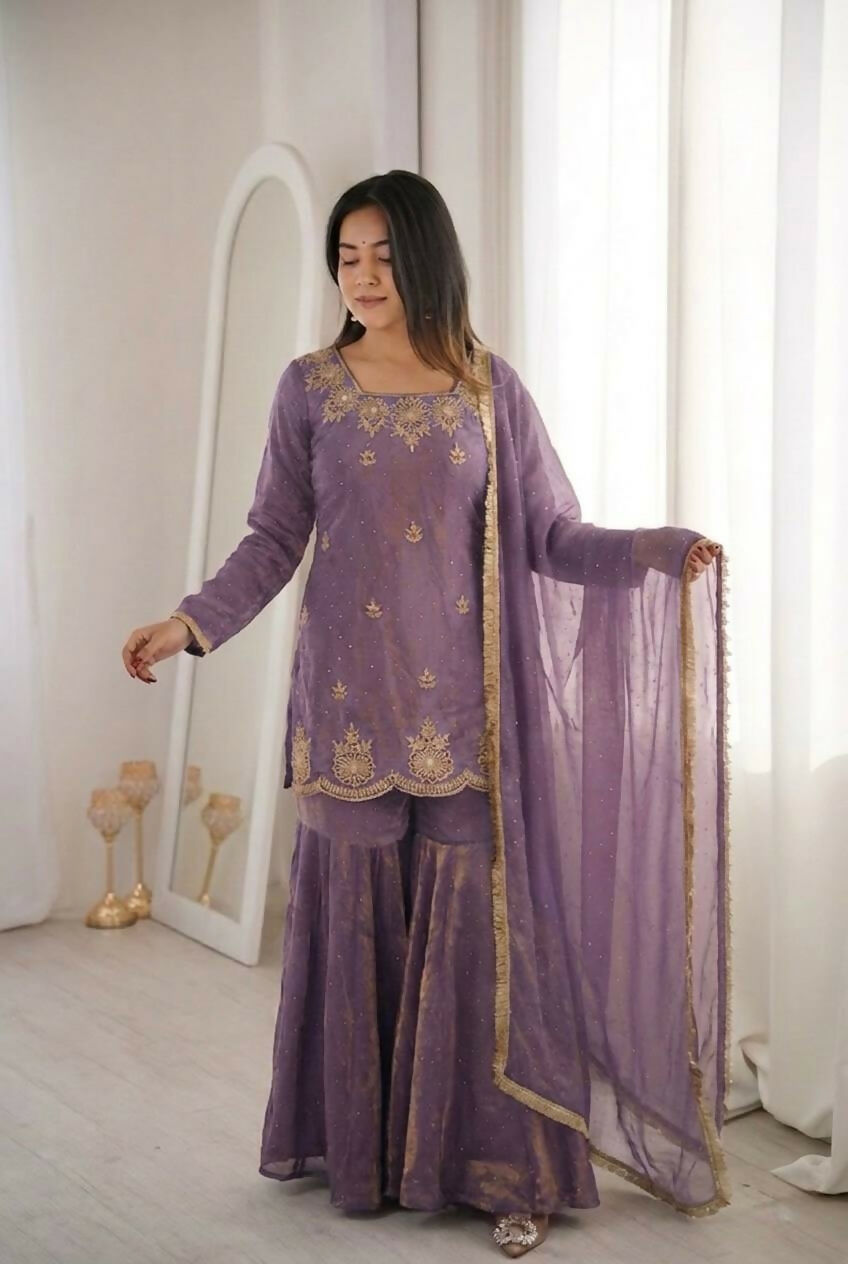 Teeya Creation Womens New Fancy Embroidery Sequence Work With Zarkan Diamond Work Lavender Kurta Set | Grocsy