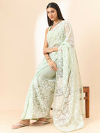 Green Organza Paisely Embroidered Saree with Unstitched Blouse Piece - Roozal | Grocsy